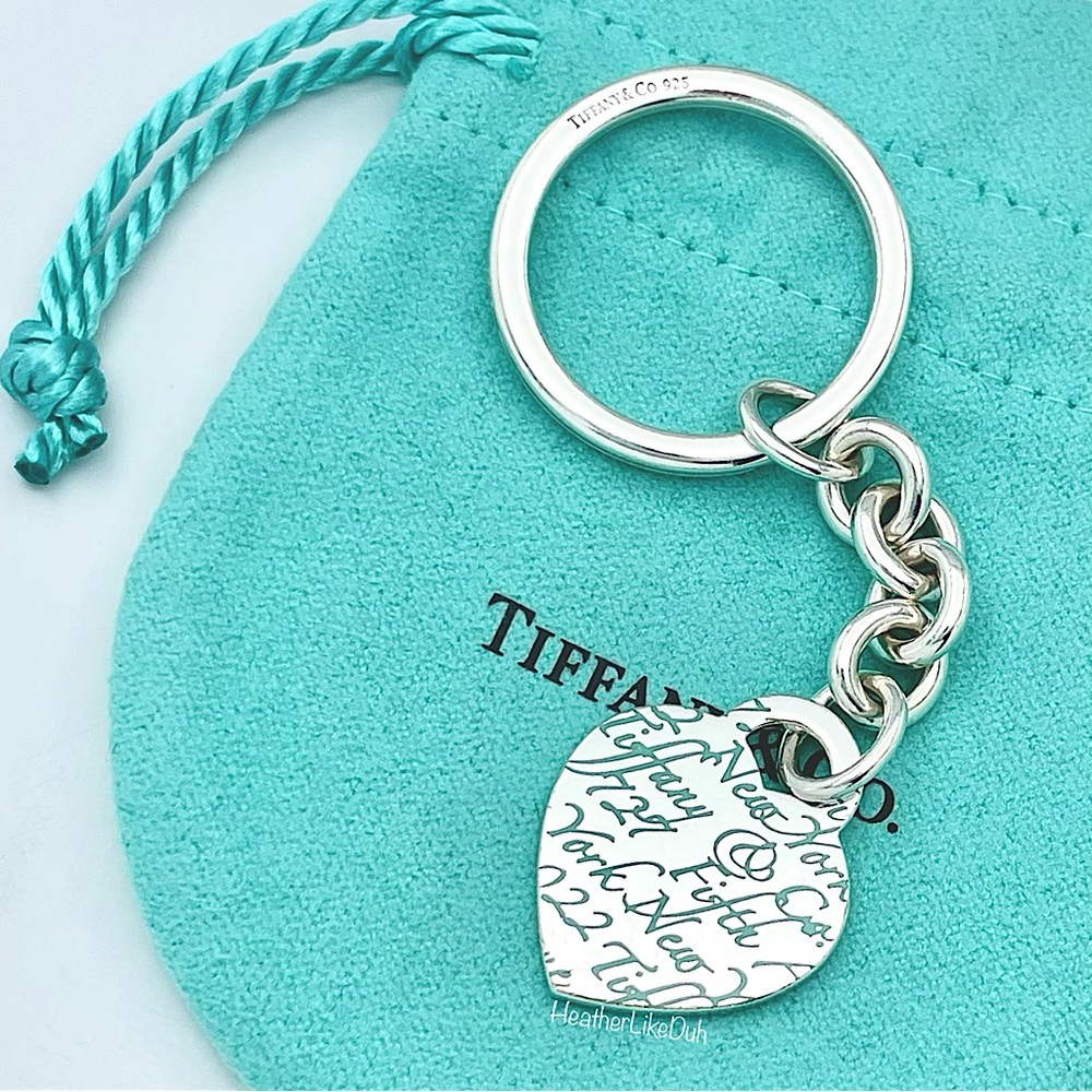 Authentic Tiffany & Co. BLUE Enamel Scripted NOTES Heart Keychain Key Chain 🩵